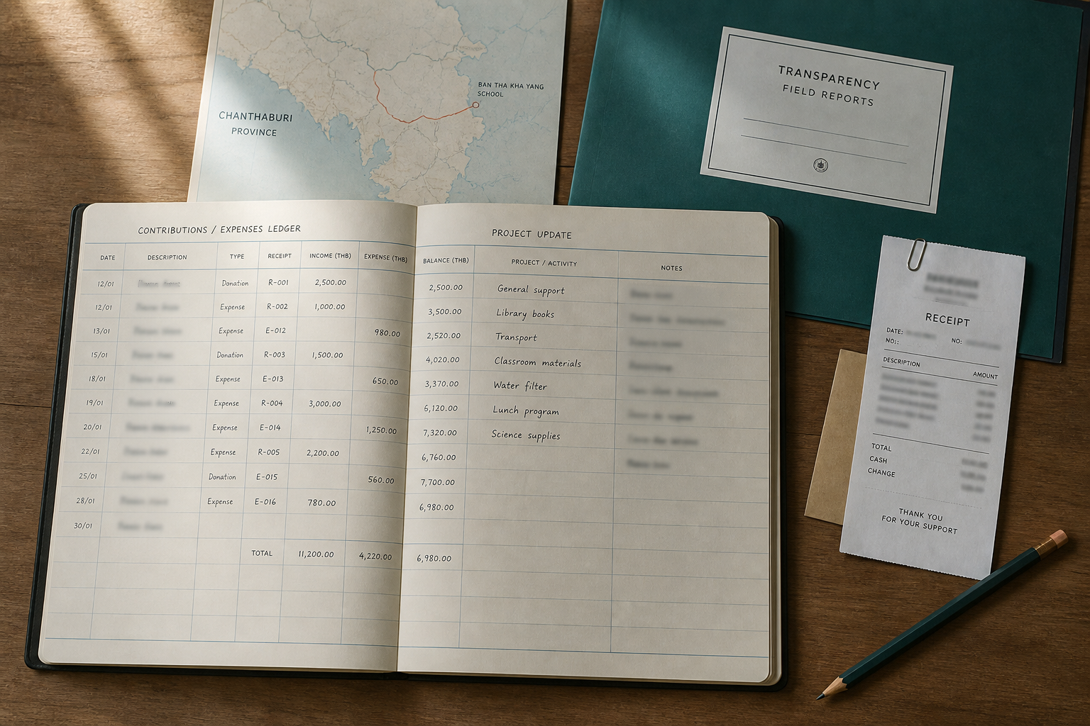 A field report ledger with redacted contribution evidence