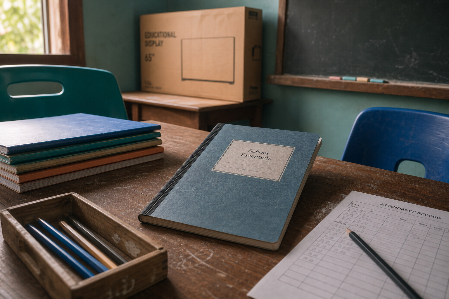 A school notebook and transparent ledger materials arranged on a desk